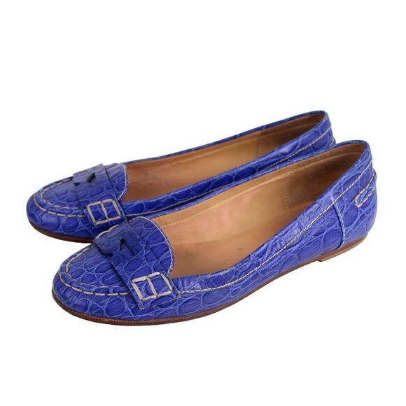 Daniblack BLUE CROCO EMBOSSED REAL LEATHER LOAFER FLATS POINTED TOE SHOES 7.5M - Picture 3 of 12